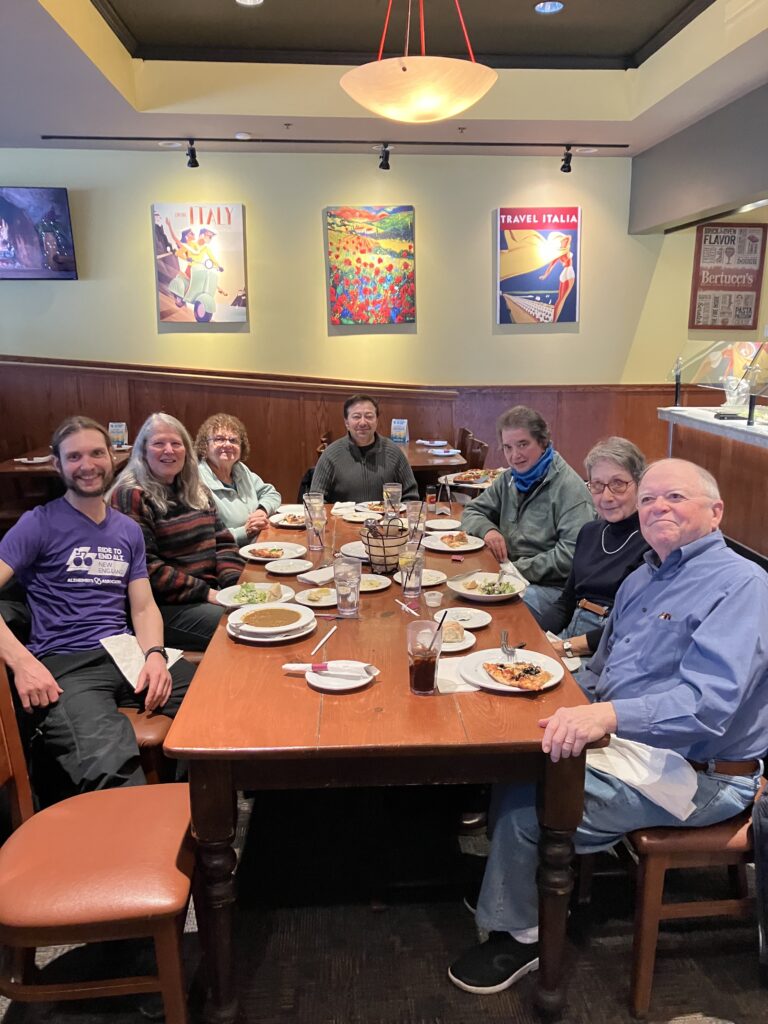 LGBTQ+ Newton members enjoying pizza at Bertucci's