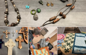 collage of collections including crosses, jewelry, and quilts.