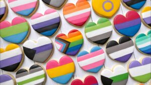 heart cookies decorated as pride flags