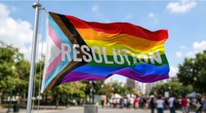 photo of pride flag with the word "Resolution" printed on it